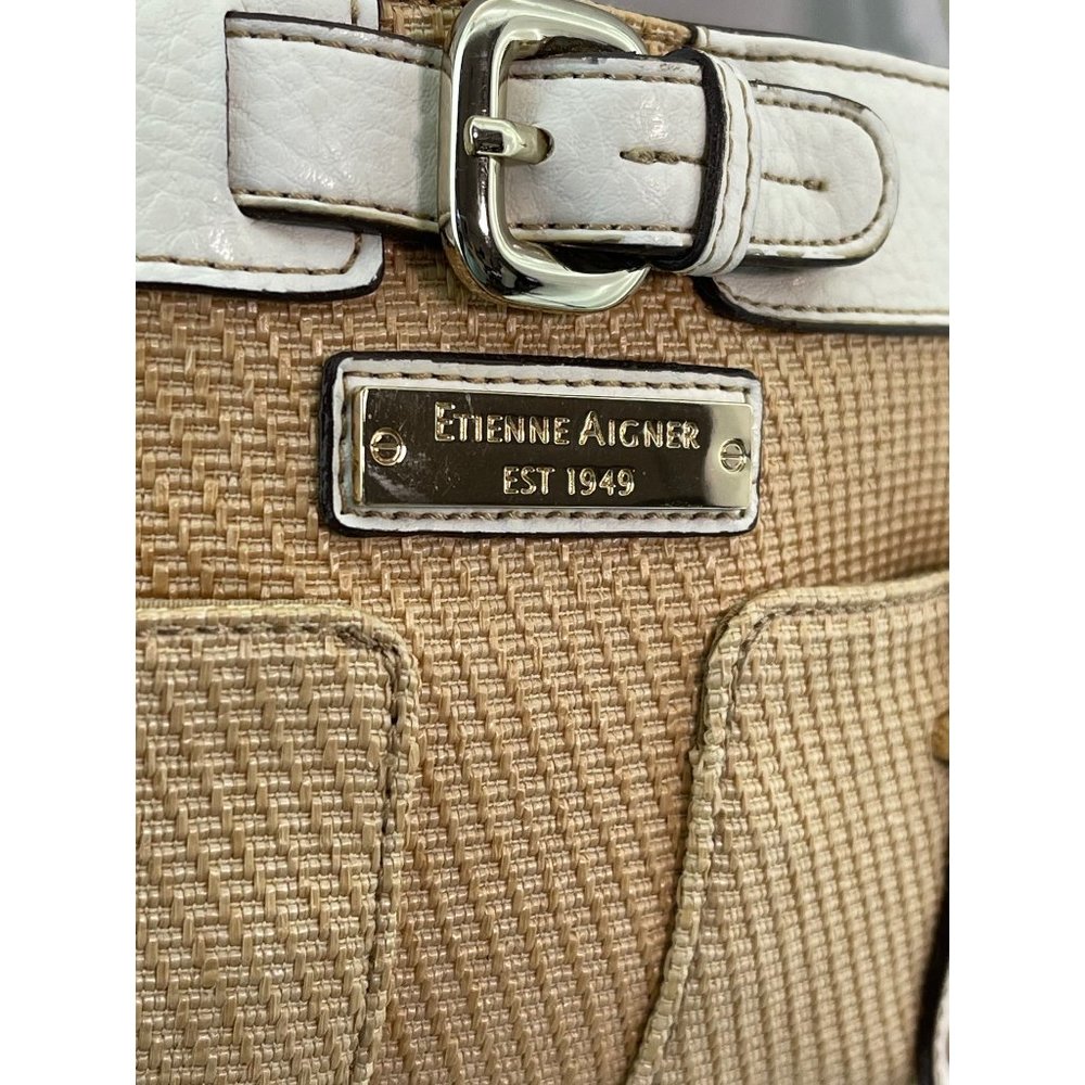 Etienne Aigner White Trimmed Tan Textured Purse - Picture 3 of 12
